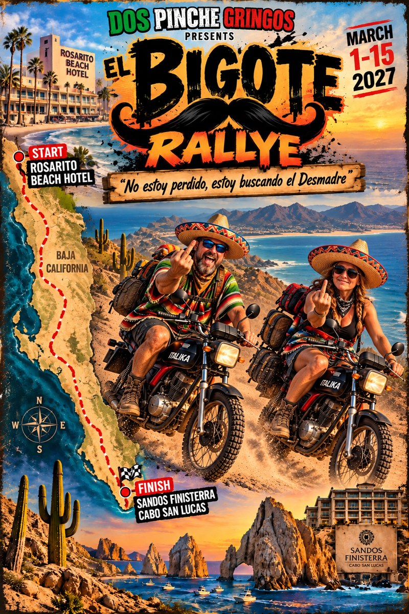Dos Pinche Gringos El Bigote Rallye concept poster with monkey motorcycle riders in Baja