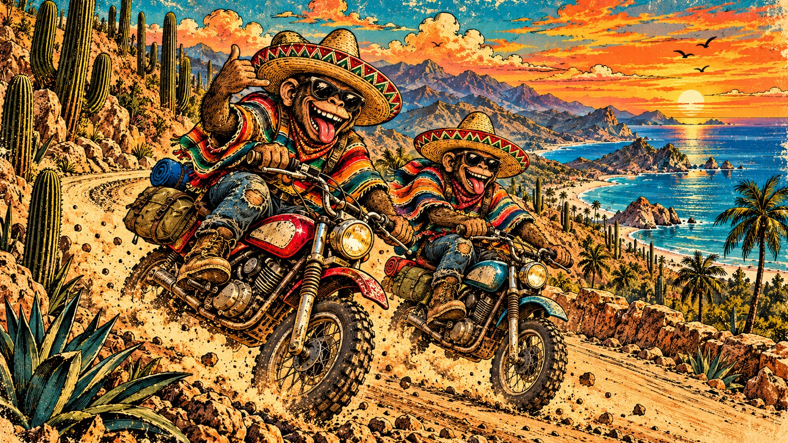 Two grinning monkey riders in sombreros ride motorcycles along a cactus-lined Mexican coast at sunset, in distressed rally poster style