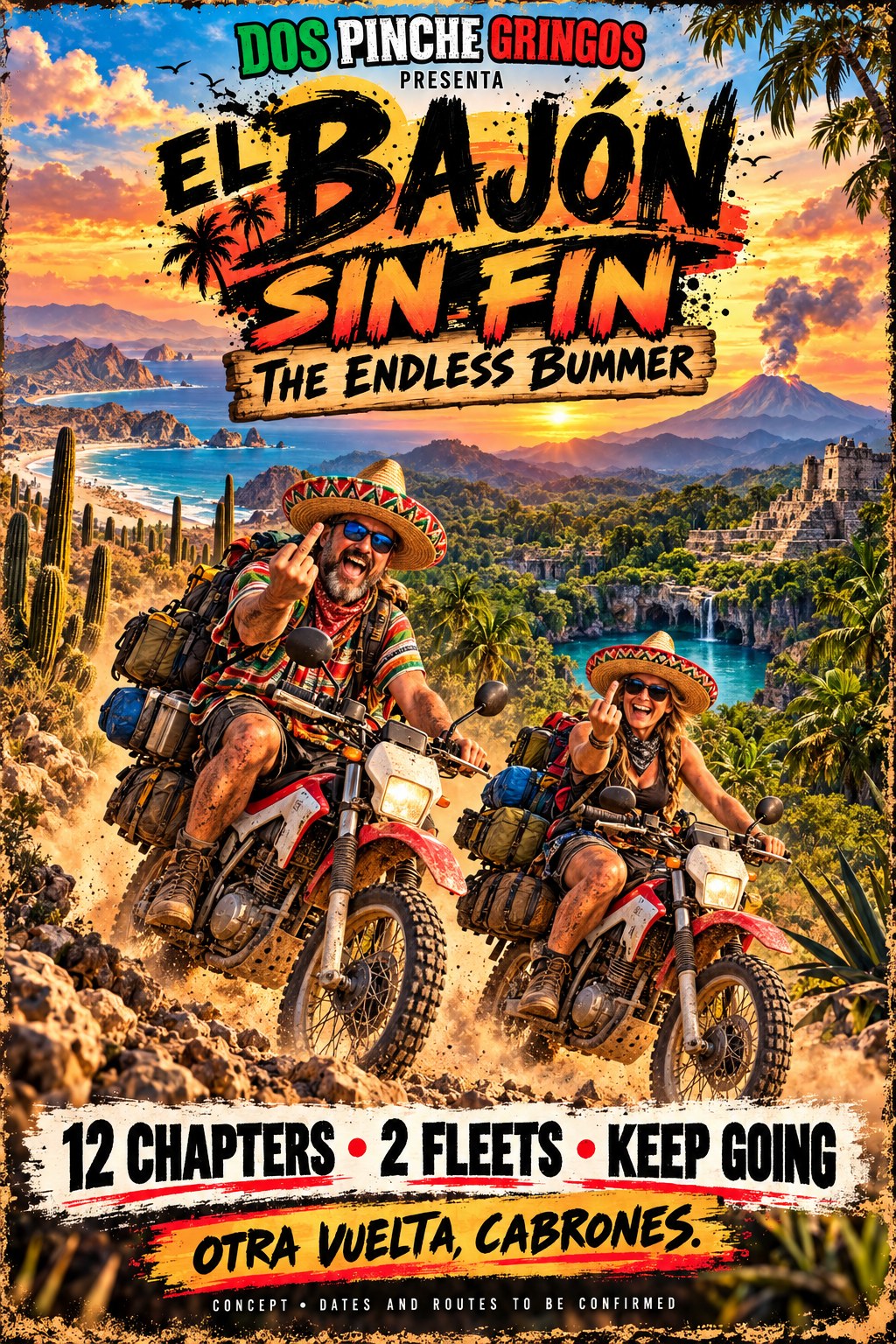El Bajón Sin Fin concept poster showing motorcycle riders in a colorful Mexican landscape