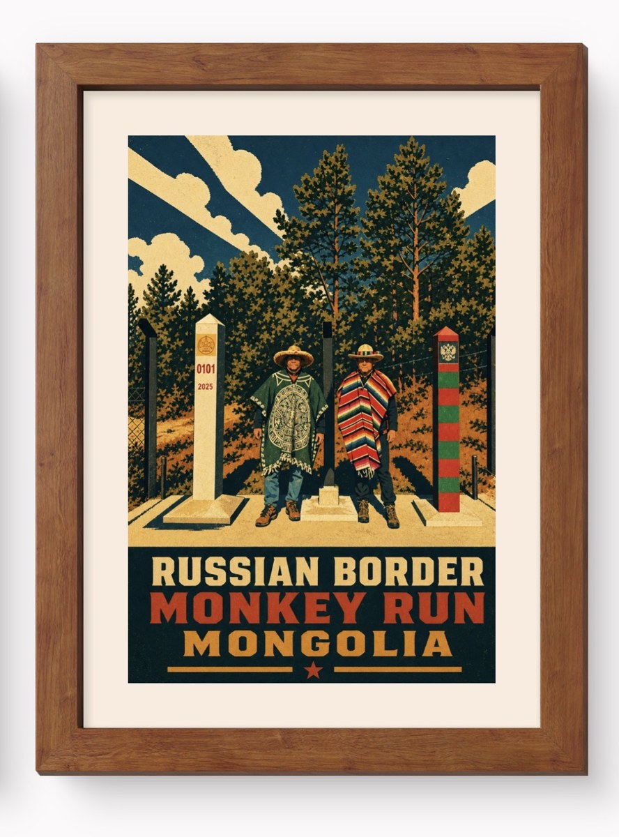 Framed Russian Border Monkey Run Mongolia artwork showing two travelers beside border markers