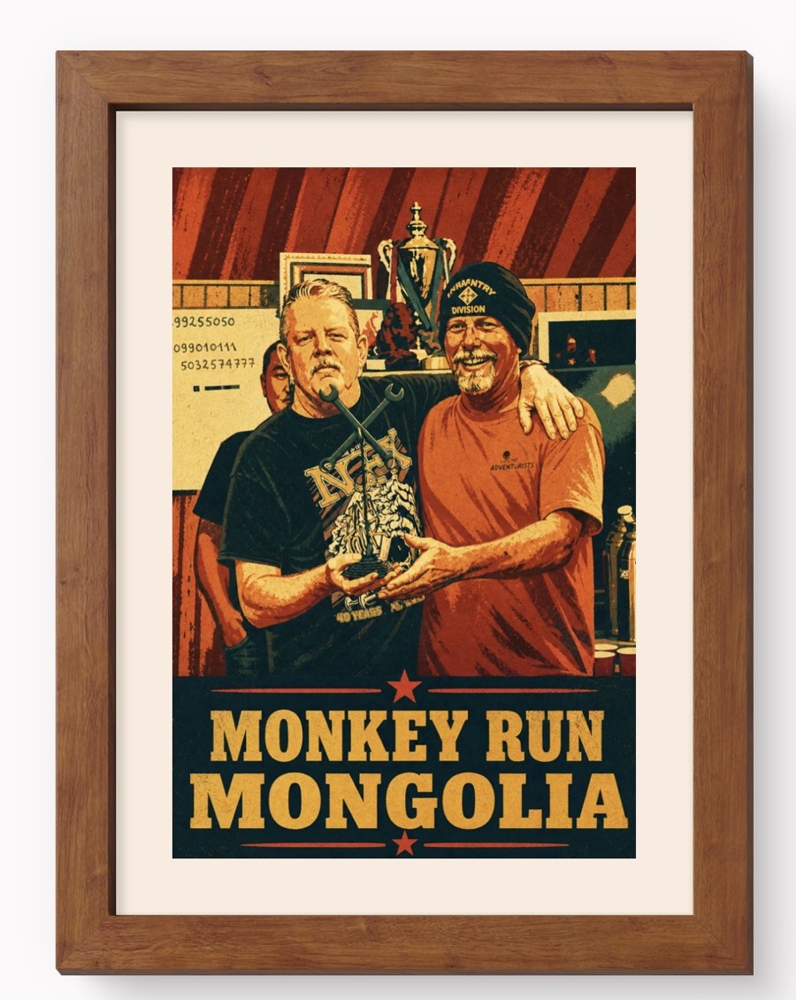 Framed Monkey Run Mongolia artwork showing two riders holding a trophy